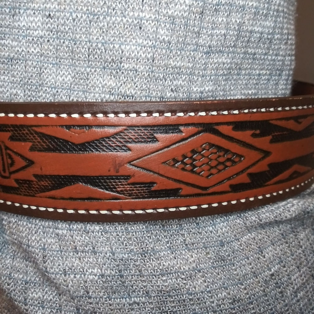 Vintage 70's Unisex Boho Western Faux Leather Thunderbird Belt - Picture 3 of 7